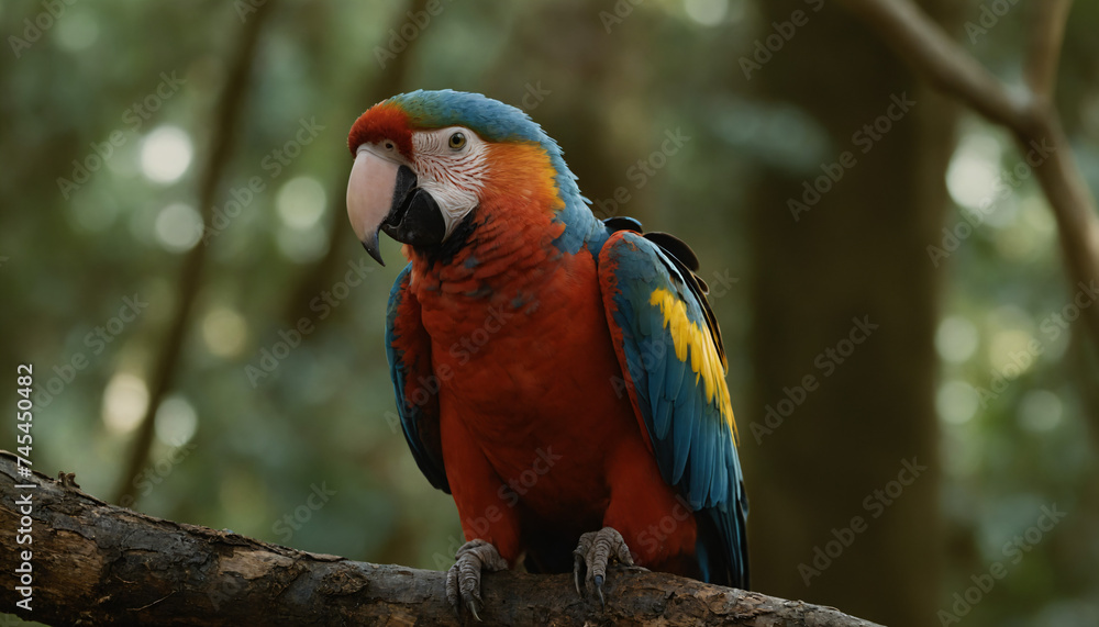 A brightly coloured Ara on a branch in the rainforest A brightly coloured Ara on a branch in the rainforest