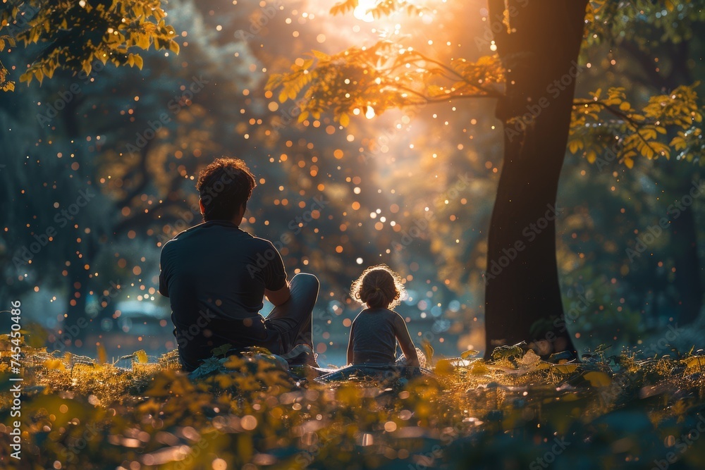 Father and his young child sitting amidst lush greenery, basked in the golden light of a setting sun, with magical dust motes dancing in the air