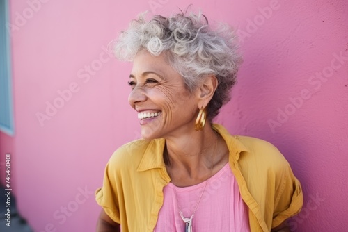 Portrait of smiling senior woman standing against pink wall, looking away