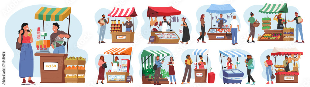 Εκτύπωση καμβά Set of Farmers Stalls With Natural Farming Production