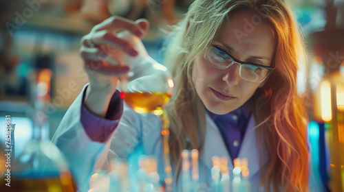 Cientista em laboratório pipetando líquido cuidadosamente com equipamentos e livros ao fundo photo