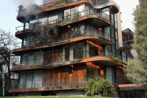 A towering building adorned with numerous balconies on its rooftop.