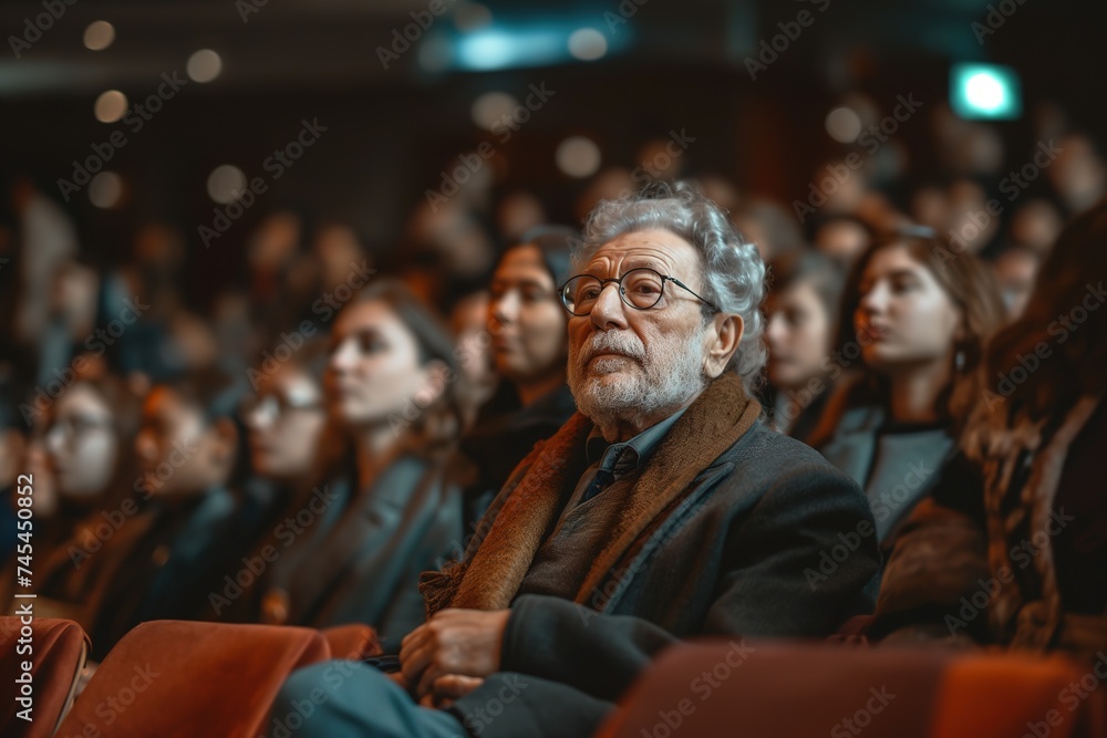 A group of people, possibly Jewish, sitting together in a theater setting, engaging in congregation or prayer.
