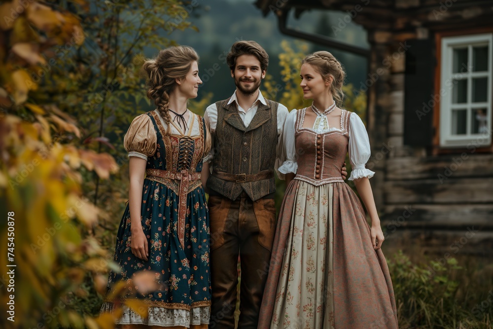 Man and two women in traditional bavarian costumes standing together
