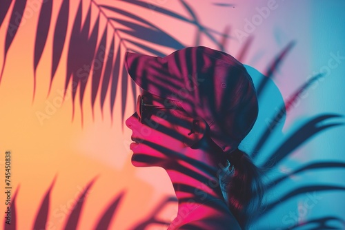 A womans face partially visible through a shadow cast by a palm leaf. photo