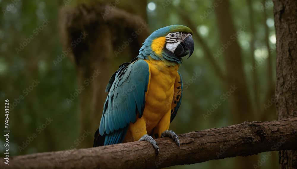 A brightly coloured Ara on a branch in the rainforest A brightly coloured Ara on a branch in the rainforest