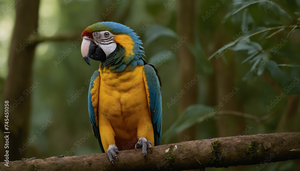 A brightly coloured Ara on a branch in the rainforest A brightly coloured Ara on a branch in the rainforest