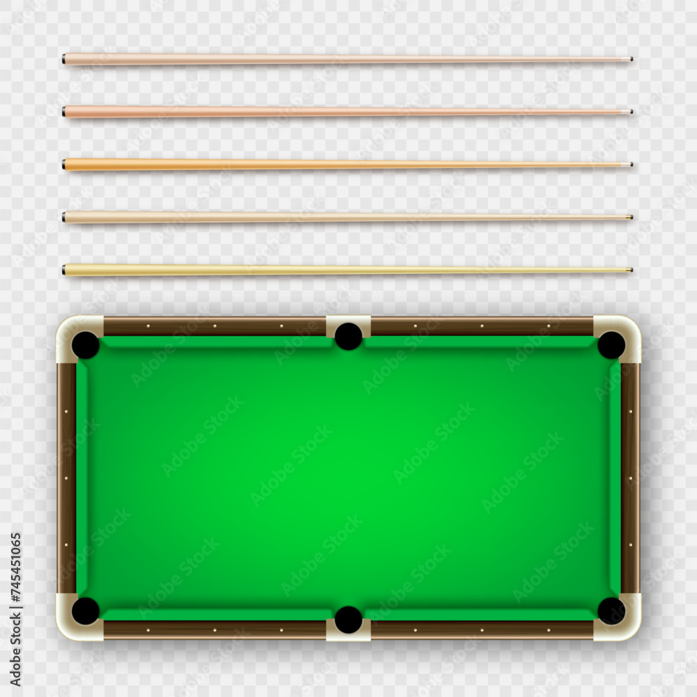 Obraz premium Various wooden billiard cues and green pool table. Snooker sports equipment. Vintage cue. Recreation and hobby, competitive game. Vector illustration