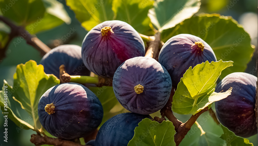 Fresh ripe figs on a branch close-up summer