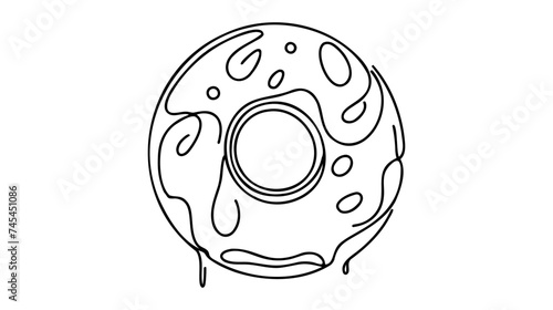Single continuous line drawing of stylized donut store logo label. Emblem fast food doughnut restaurant concept.