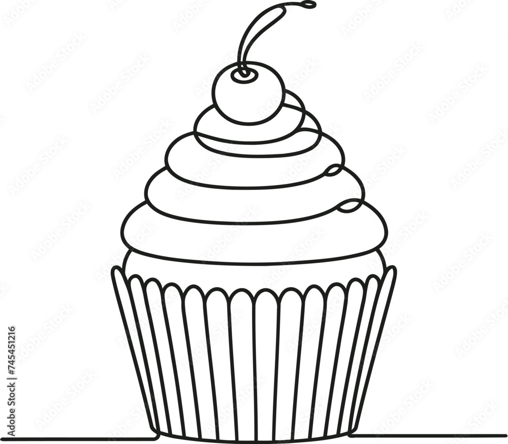 Cupcake, muffins in continuous line drawing minimalist style, food illustration. Cupcake, muffins in continuous line drawing minimalist style, food illustration.