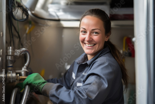 Joyful female plumber working in technical work environment, expertise, professionalism and satisfaction with work. Skill and dedication to their craft, supporting the infrastructure of modern living.