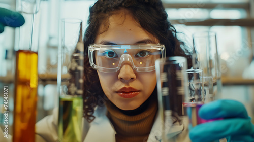 Cientista em laboratório pipetando líquido cuidadosamente com equipamentos e livros ao fundo photo