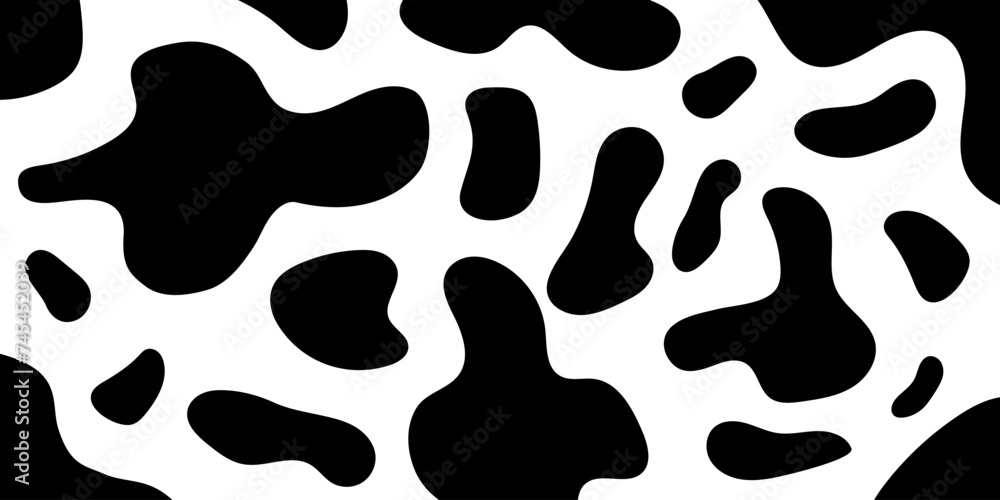 Cow skin pattern. Abstract uneven shapes background. Dalmatian, leopard, giraffe fur. Black spots camouflage texture. Animal leather template. Milk chocolate package design. Vector flat illustration.