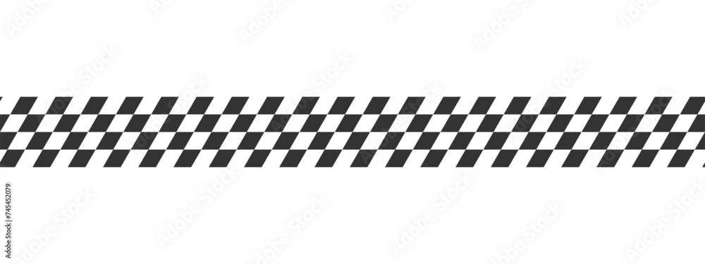 Ribbon with race flag or checkerboard pattern in diagonal arrangement. Chess game or rally sport car competition background. Slanted black and white checkered texture - obrazy, fototapety, plakaty 