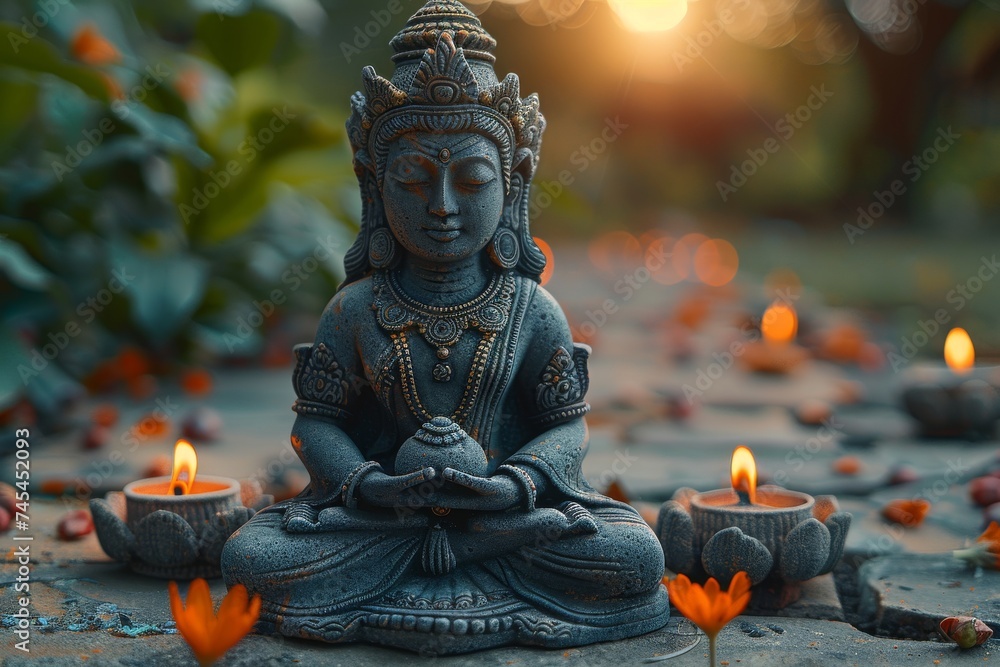 Buddha statue in meditative pose, surrounded by flickering candles and fallen leaves