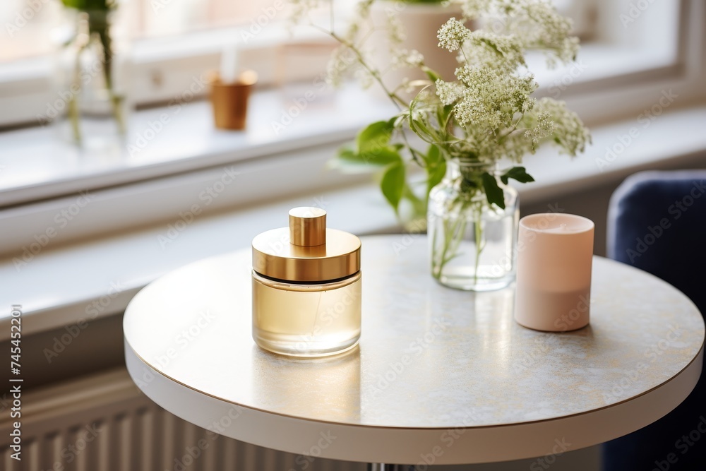 Elegant still life composition with a golden round perfume bottle, a lit candle, and a vase of white flowers on a marble table against a blurry window background with light coming through. Elegant still life composition with a golden round perfume bottle, a lit candle, and a vase of white flowers on a marble table against a blurry window background with light coming through.