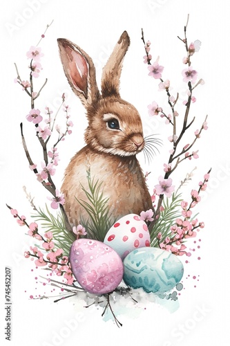 Happy Easter hand drawn watercolor greeting card with Easter eggs, blossoming flowers and cute bunny. Springtime holiday poster template with rabbit in pastel colors with copy space for text. Raster.