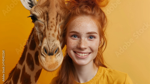 Enchanting Moments: Freckled Woman in Stylish Tee Bonds with Giraffe, Close-Up © brahim