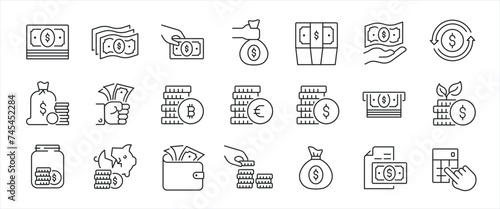 Money and payment simple minimal thin line icons. Related money, credit card, atm, purchase, bill. Editable stroke. Vector illustration.