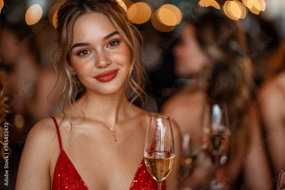 Charming woman with a subtle smile, holding a glass of sparkling champagne, dressed in a glamorous red sequined dress at a festive event, with warm bokeh lights creating an inviting ambiance Charming woman with a subtle smile, holding a glass of sparkling champagne, dressed in a glamorous red sequined dress at a festive event, with warm bokeh lights creating an inviting ambiance