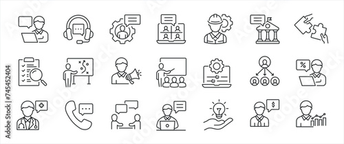 Consulting simple minimal thin line icons. Related efficiency, innovation, gudance, learning. Editable stroke. Vector illustration.