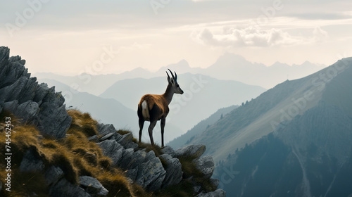 A chamois stands on a rocky mountain ridge against a hazy sky - Generative AI photo