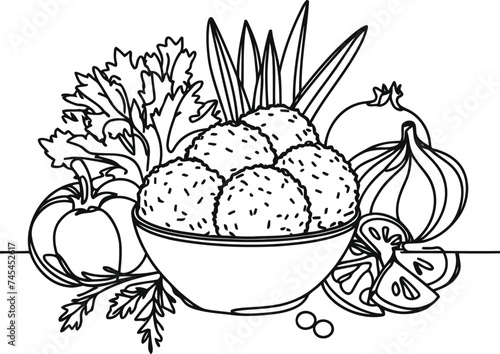 Falafel in continuous line drawing minimalist style, food illustration.