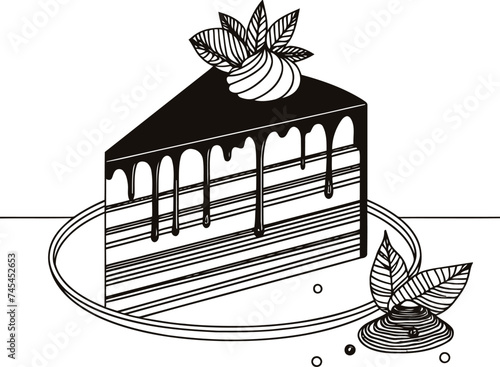 Sacher torte cake in continuous line drawing minimalist style, food illustration.