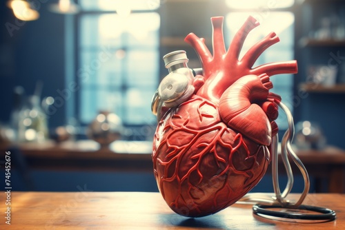 Red heart model and stethoscope on a wooden table with a blurred background, symbolizing care in healthcare settings. Medical concept image with space for text and design elements.