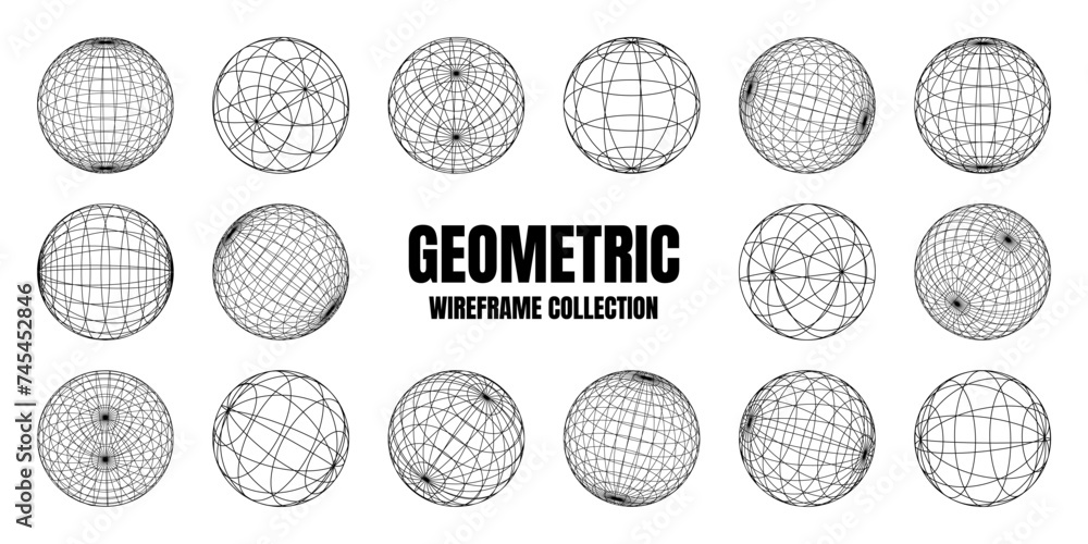 Wireframe shapes, lined sphere. Perspective mesh, 3d grid. Low poly geometric elements. Retro futuristic design elements, y2k, vaporwave and synthwave style. Vector illustration Wireframe shapes, lined sphere. Perspective mesh, 3d grid. Low poly geometric elements. Retro futuristic design elements, y2k, vaporwave and synthwave style. Vector illustration