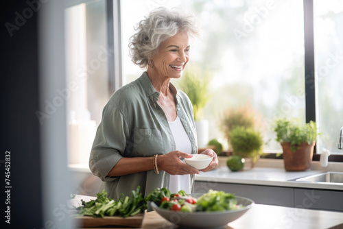 Caucasian senior mature woman cooking in the kitchen