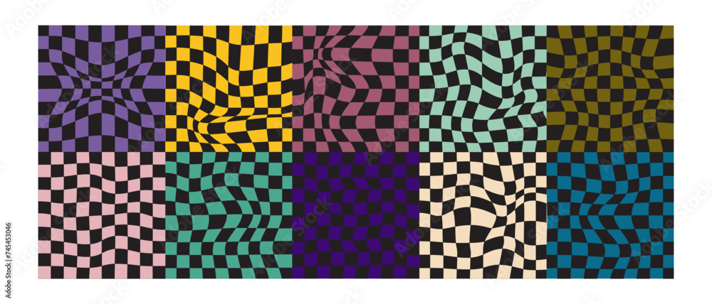 Distorted chessrboard background samples. Psychedelic patterns with warped color squares. Checkered visual illusion effects. Groovy layouts in retro 60s 70s 80s 90s y2k style