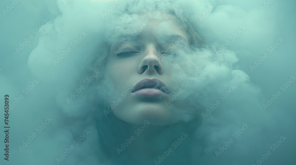 A young woman surrounded by clouds and smoke. Beauty concept. Created with Generative AI. A young woman surrounded by clouds and smoke. Beauty concept. Created with Generative AI.