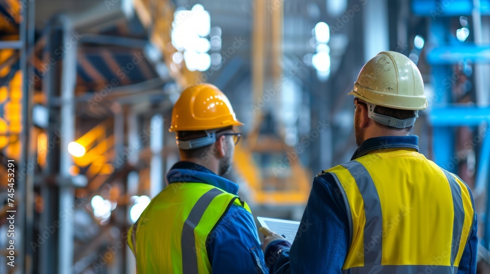Two Industrial Engineers in Hard Hats and Safety Vests Discussing Plans in Modern Factory Setting Two Industrial Engineers in Hard Hats and Safety Vests Discussing Plans in Modern Factory Setting