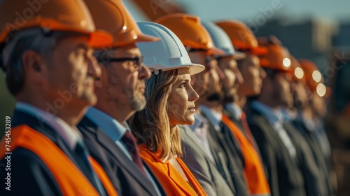Close-up of a diverse group of construction workers wearing safety helmets and high visibility vests at sunset
