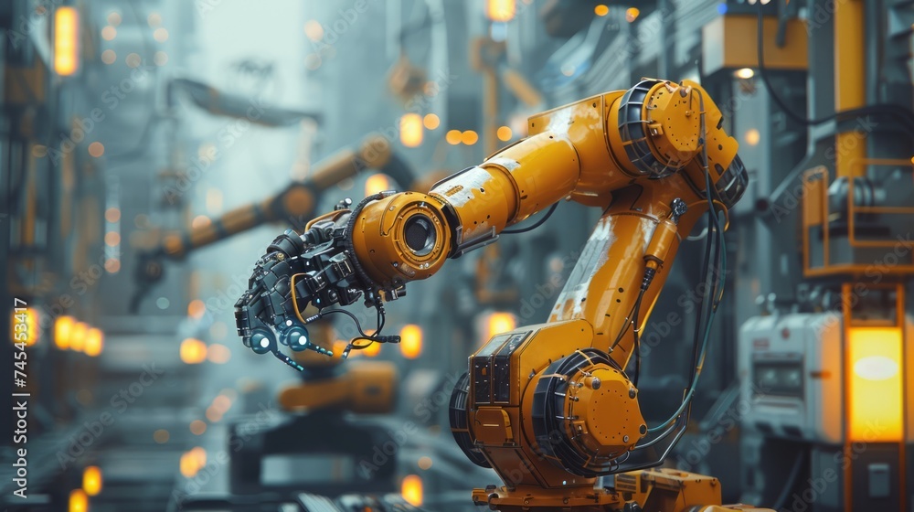 Futuristic Automated Production Line with Industrial Robot Arm in High-Tech Manufacturing Factory Futuristic Automated Production Line with Industrial Robot Arm in High-Tech Manufacturing Factory