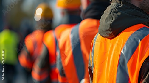 Close-up of Construction Workers in Safety Vests and Helmets at Construction Site During Sunset