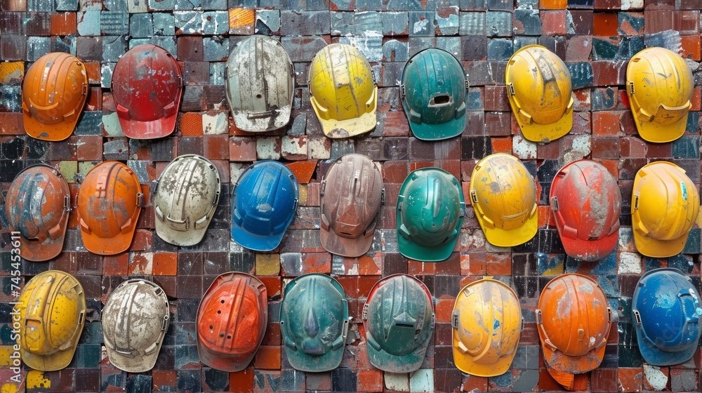 Colorful Array of Used Construction Helmets Hanging on a Brick Wall Background