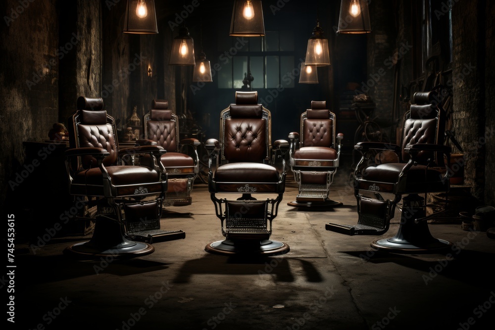 A vintage barber shop showcases leather chairs, retro light bulbs, classic barber pole, and wood-paneled walls. The black-and-white checkered tile floor adds character to the retro-inspired decor. - obrazy, fototapety, plakaty 