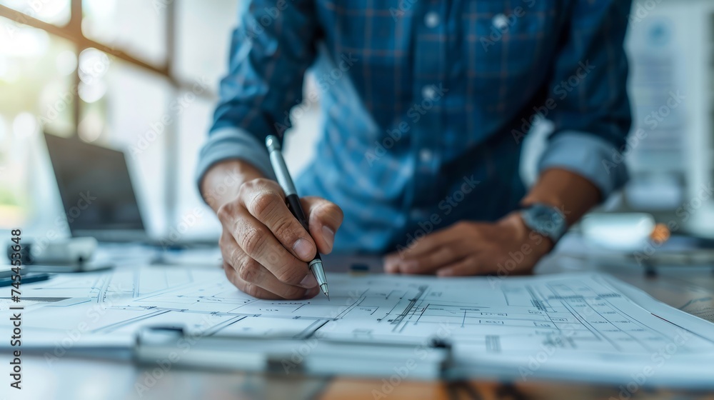 Professional Architect Reviewing Blueprints at Modern Office Workspace with Sunlight Professional Architect Reviewing Blueprints at Modern Office Workspace with Sunlight