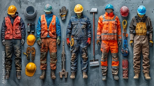 Comprehensive Array of Professional Construction Worker Uniforms and Safety Equipment Display on Grey Background