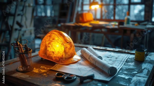 Glowing Safety Helmet on Workbench with Blueprints and Tools in a Workshop Setting