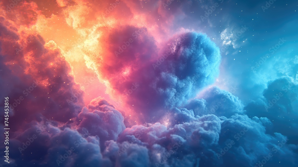 Red heart shaped clouds at sunset. Beautiful love background. Created with Generative AI.	