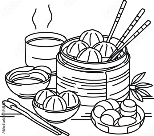 dim sum in continuous line drawing minimalist style, food illustration.