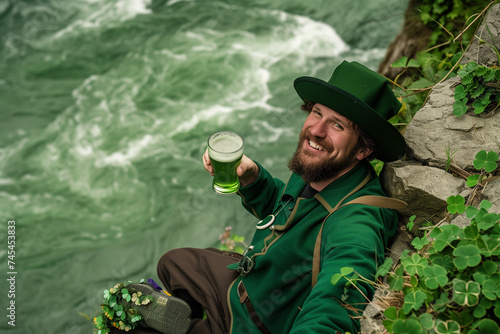 a man in a saint Patrick costume is sitting smiling and happy near the green river drinking green beer, around him some clovers photo