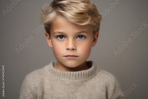 Portrait of a cute little boy with blond hair. Studio shot.