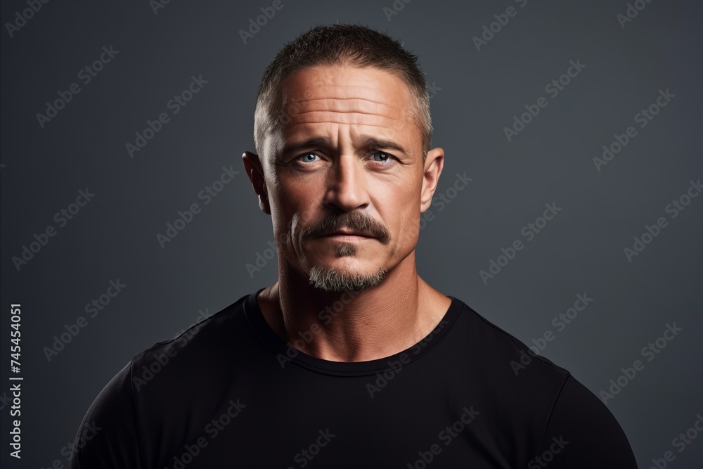 Portrait of a serious mature man in a black T-shirt. Portrait of a serious mature man in a black T-shirt.