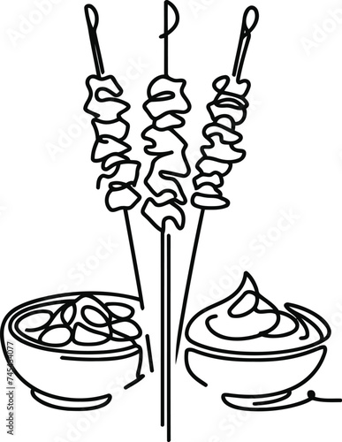 satay in continuous line drawing minimalist style, food illustration.