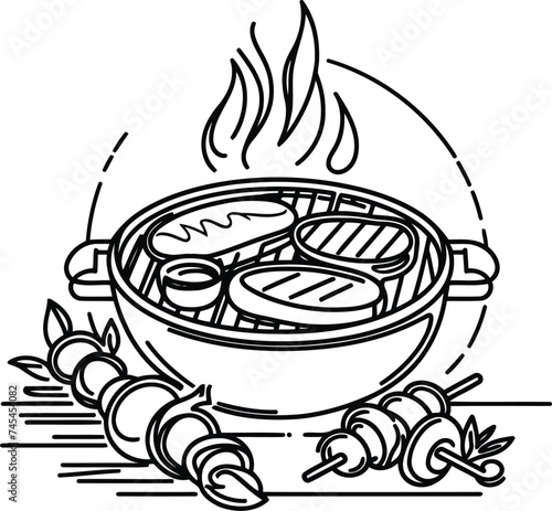barbecue in continuous line drawing minimalist style, food illustration.